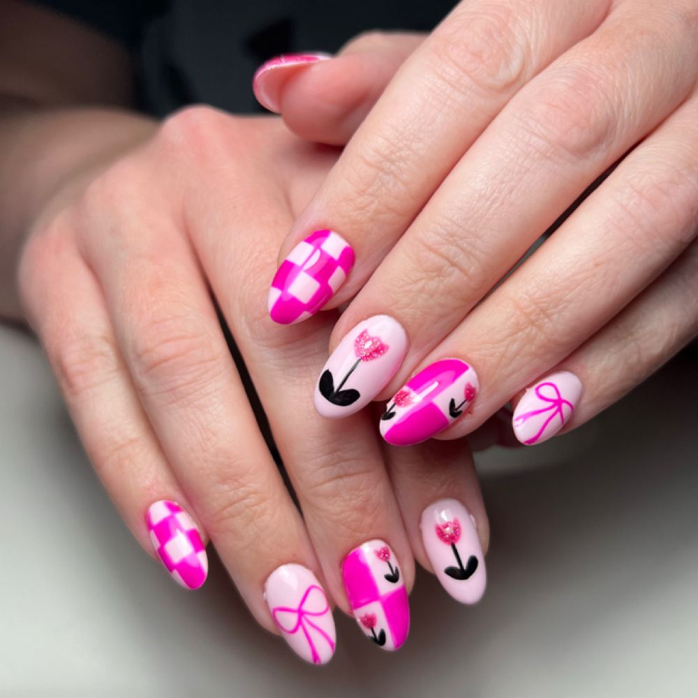 Pink checkerboard nail art